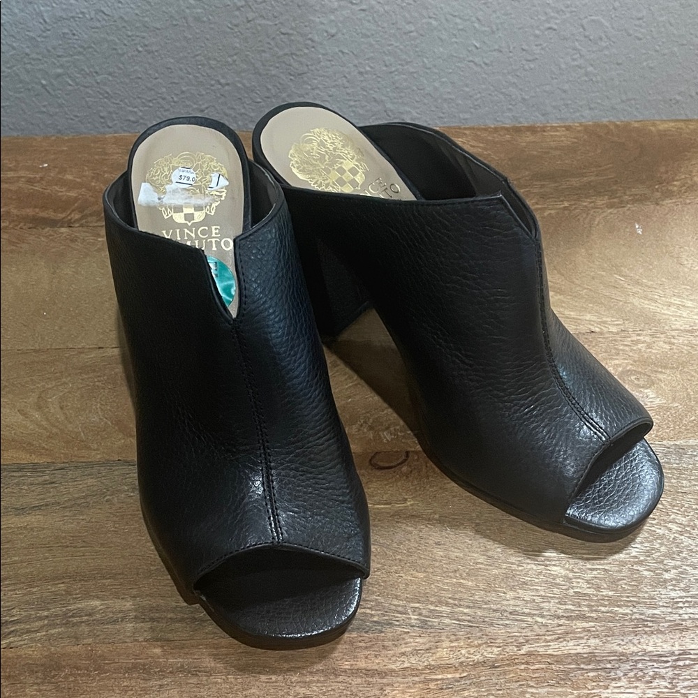 Vince Camuto Black Leather Peep-Toe Mule Booties